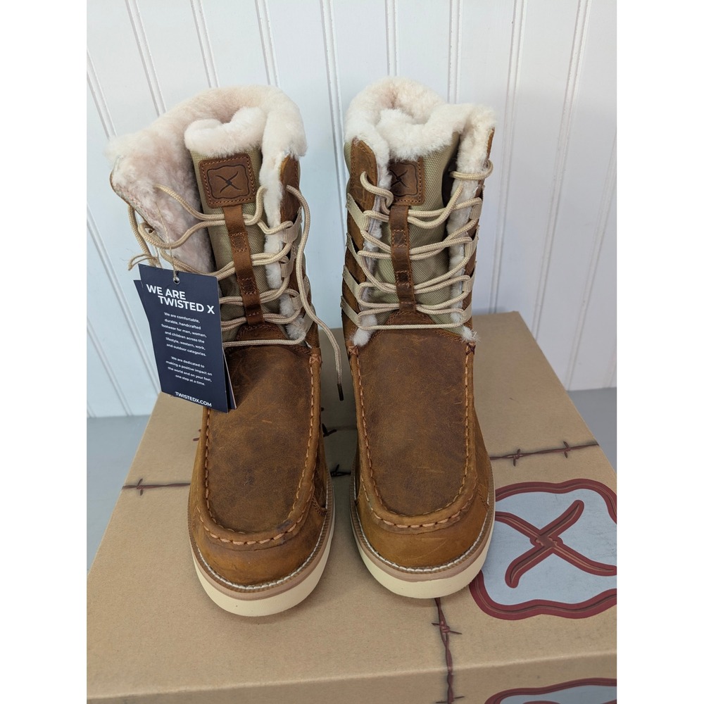 Twisted Oiled Saddle Tan Wedge Sole Boots Sheepskin Lined Size 7M Brown‎ WCA0055